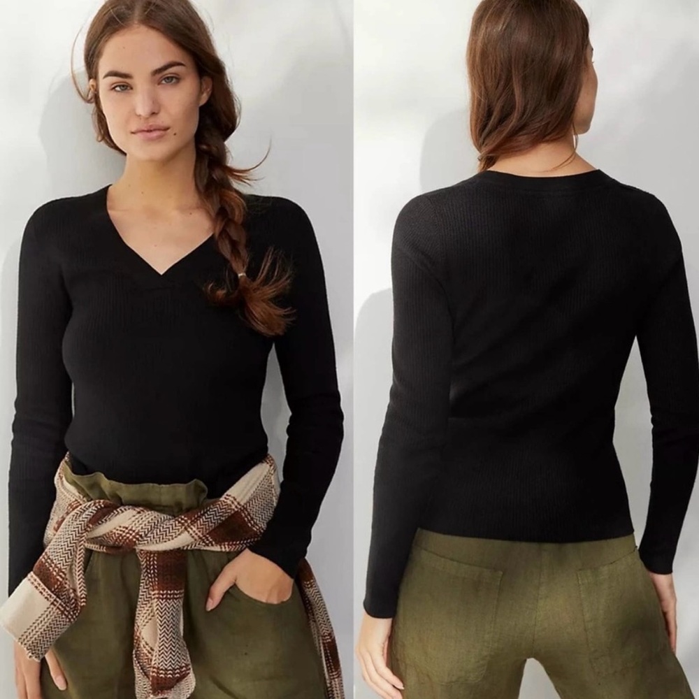 Maeve Black Thea Ribbed V-Neck Pullover Sweater Size XSP